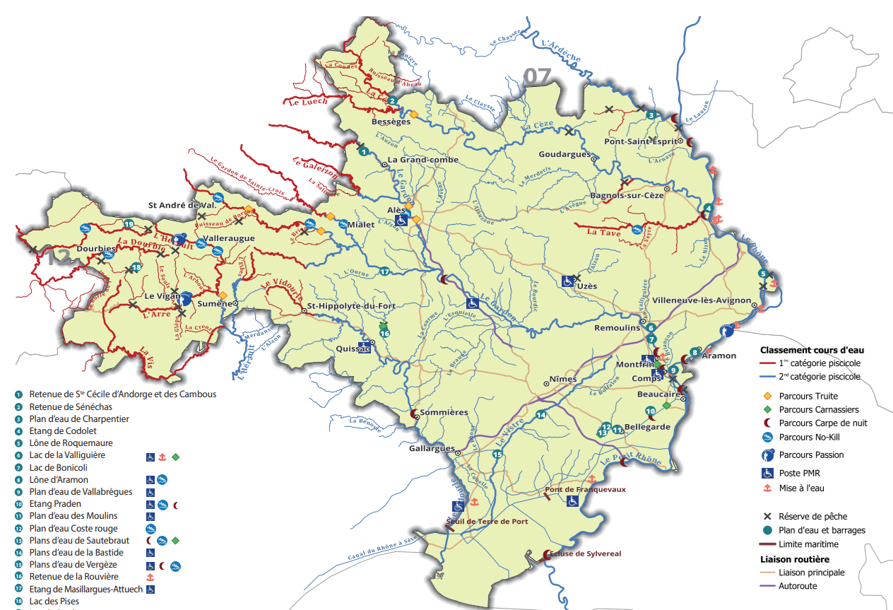Carte des parcours de pêche du Gard
